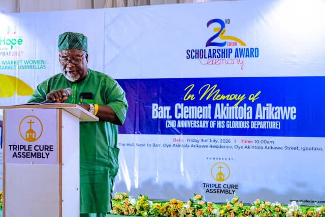 Delivering the Goodwill Message: Professor Igbekele Amos Ajibefun, Honourable Commissioner for Education (Represented), addresses the ceremony guests.