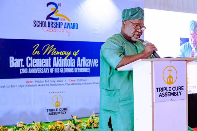 Delivering the Goodwill Message: Professor Igbekele Amos Ajibefun, Honourable Commissioner for Education (Represented), addresses the ceremony guests.